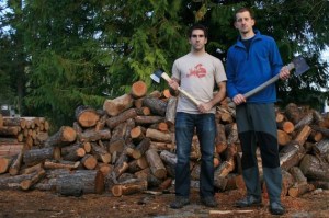 My friend Dominik and I sharing the goal of chopping wood